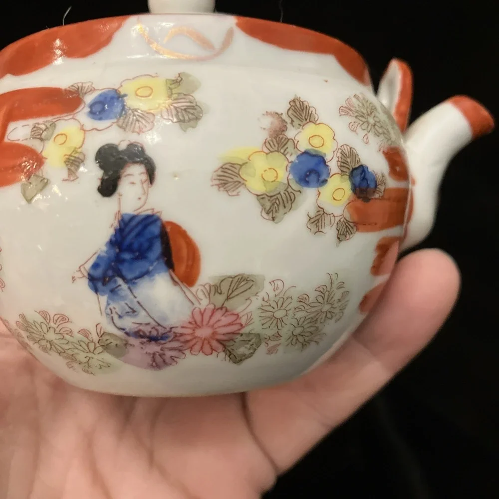 Japanese Kutani Porcelain Tea Pot w/Lid Japan Geisha Girl Cherry Blossom MCM